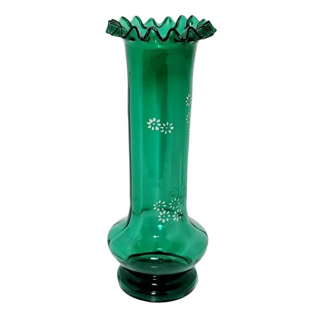 Moser Bohemian Czech Hand Blown Glass Hand Painted Green Enamel Ruffled Vase 10”